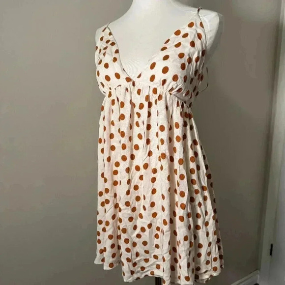 Zara Women's White Brown Fit and Flare Mini Dress Medium Polka Dot Tie Back - Picture 3 of 6